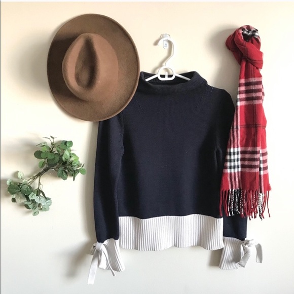 Ann Taylor Colorblock Tie Sleeve Mock Neck Sweater - Picture 2 of 5